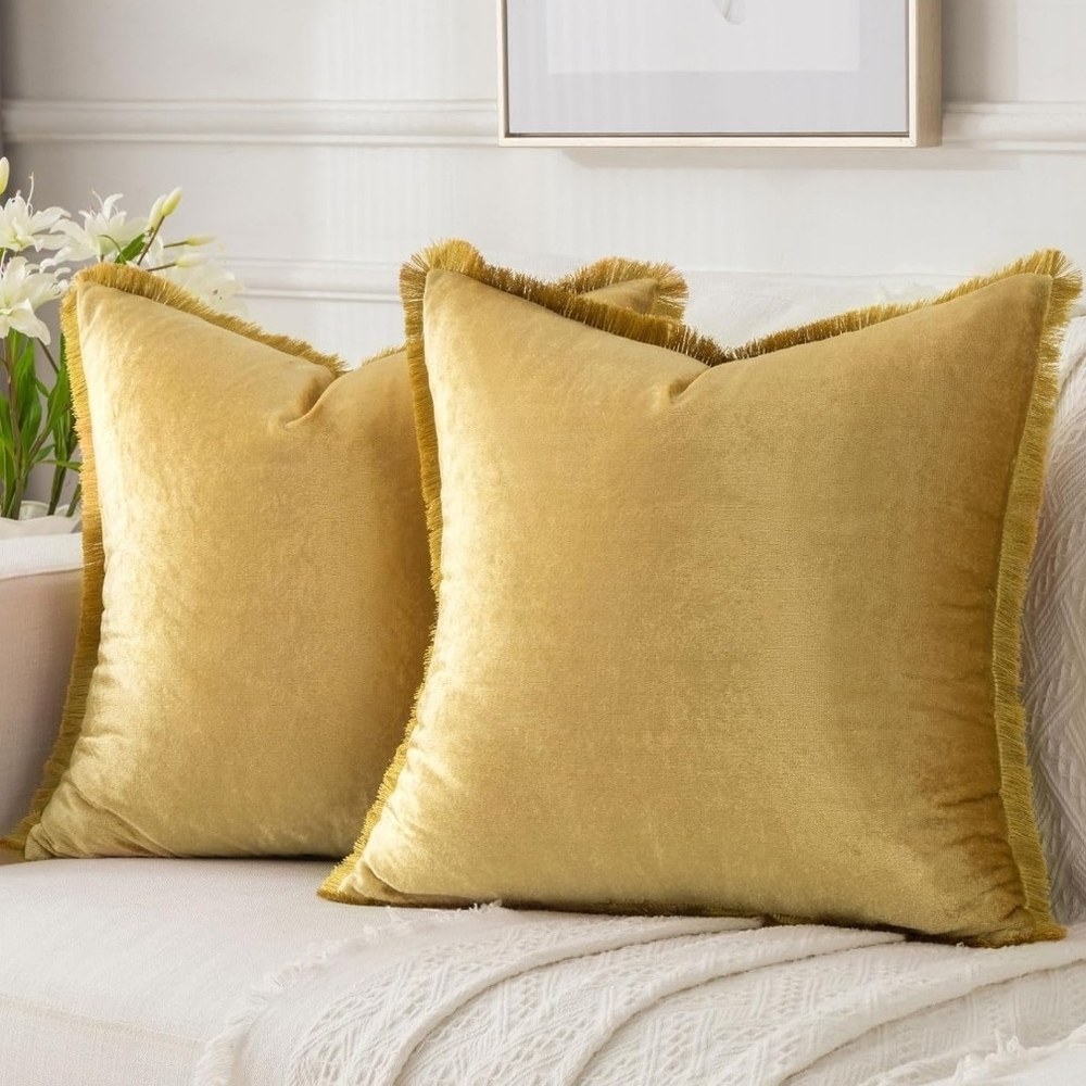 Gold Velvet Throw Pillows With Fringe Edges Size 26x26